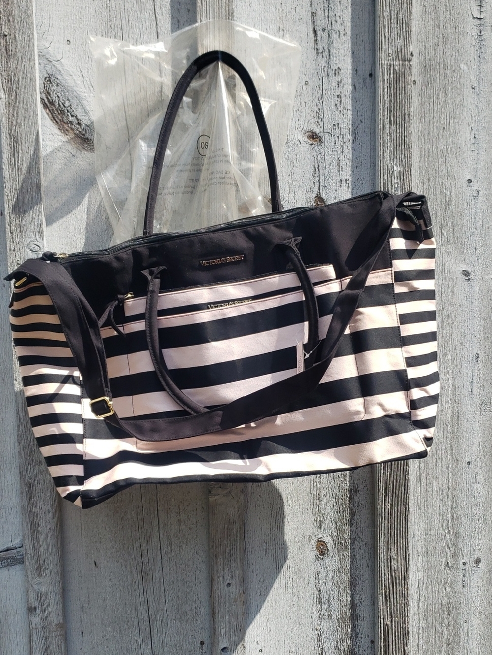 Victoria's Secret Black and Pink Striped Tote